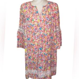 CROWN & IVY Whimsical Spring Mini Dress Bell Sleeves PNK/MLT SZ Petite X-LARGE